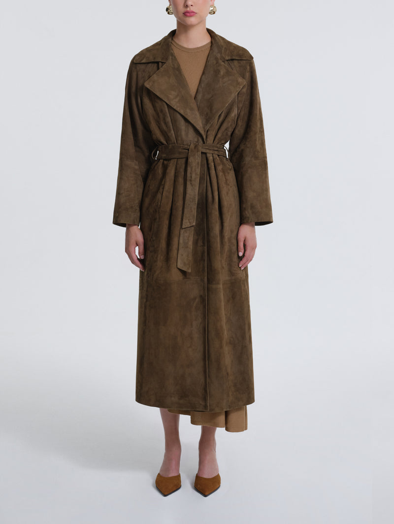 Briona Suede Coat in Deep Olive