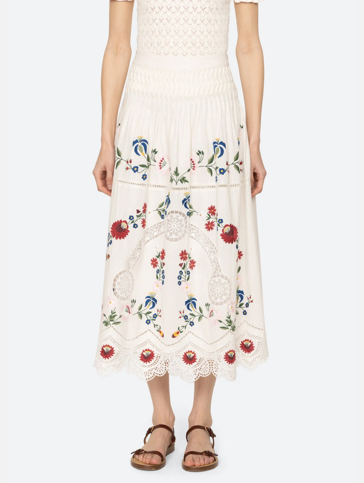 Celia Embroidery Midi Skirt in Cream