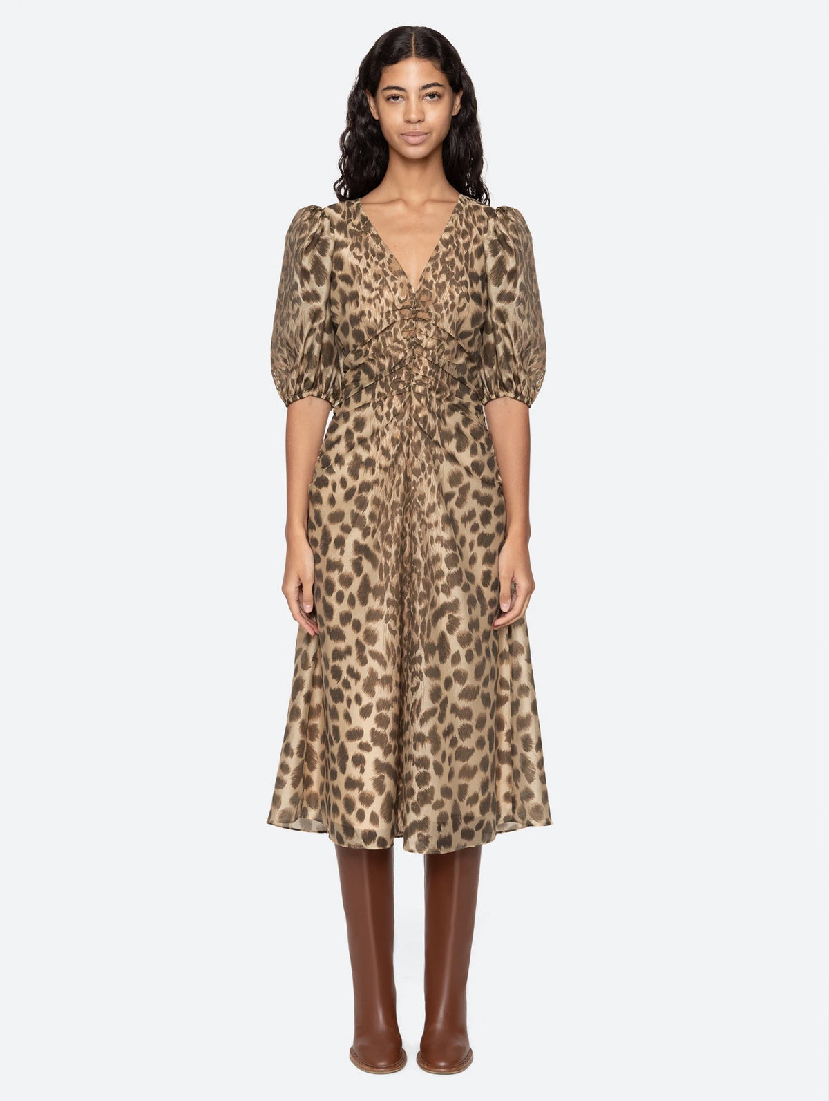 Claude Puff Sleeve Midi Dress in Cream