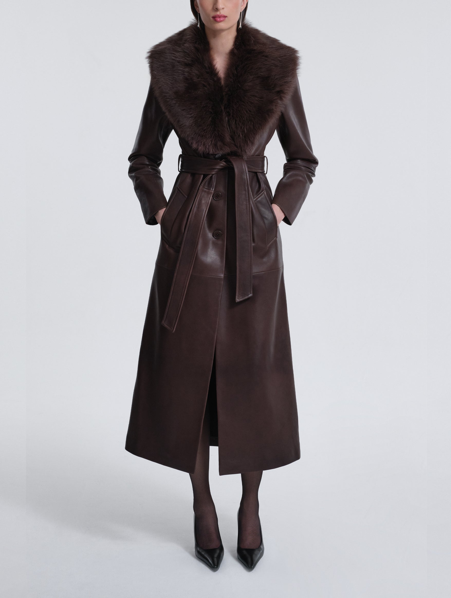 Dakota Leather Trench Coat in Rich Brown