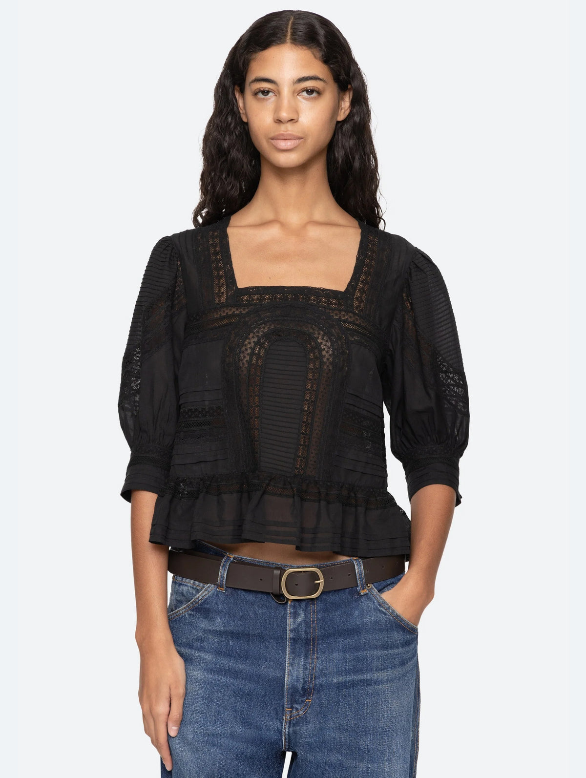 Franca Lace Short Sleeve Top in Black
