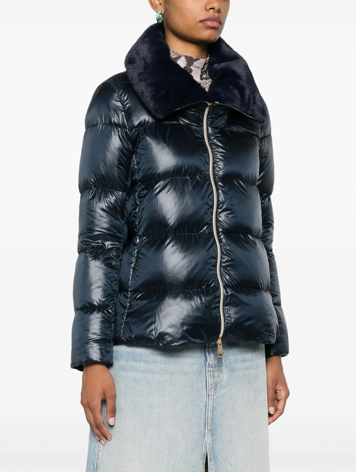 Bomber Jacket with Faux Fur Collar in Blue Navy