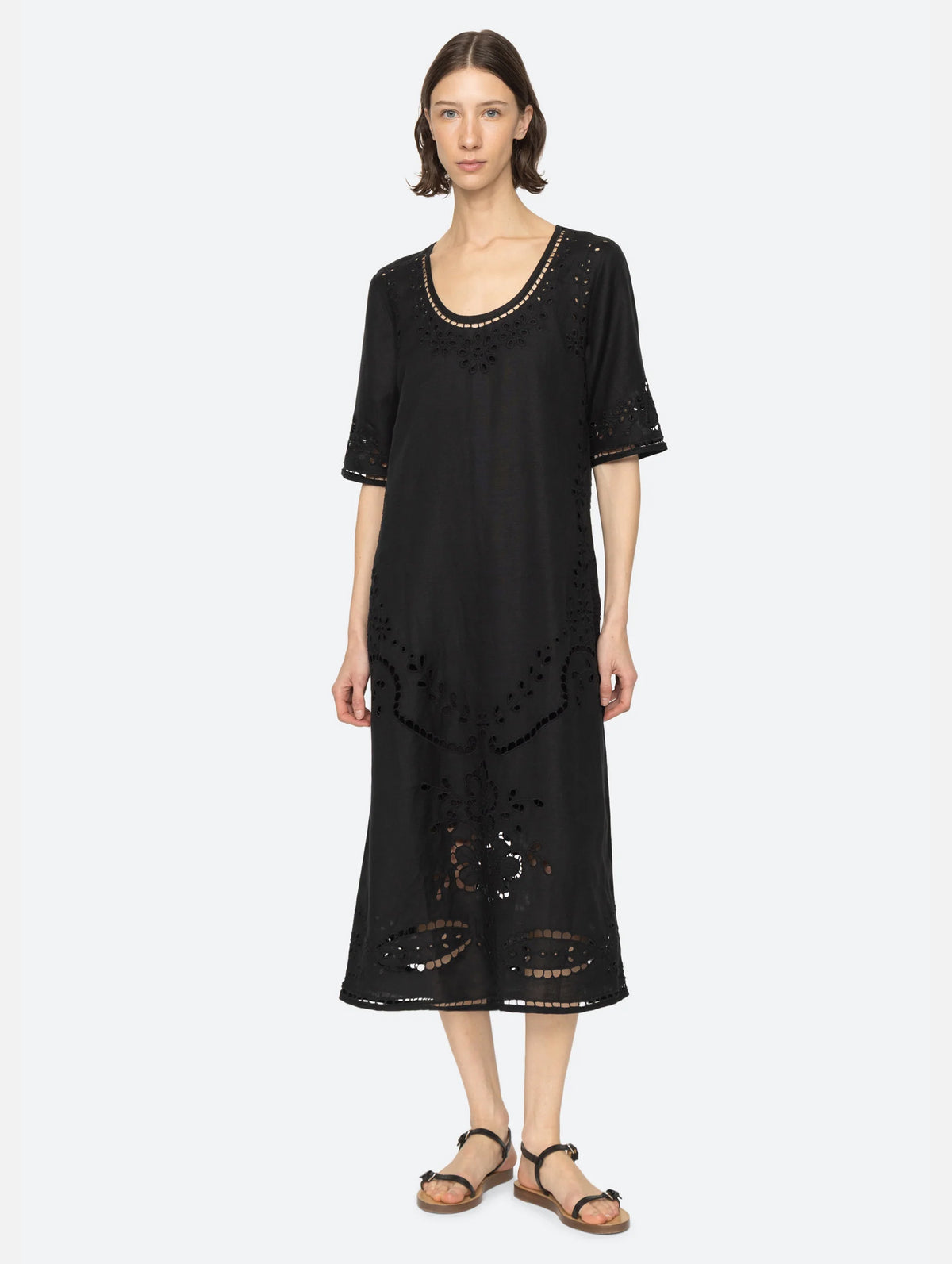 Lula Embroidery Midi Dress in Black