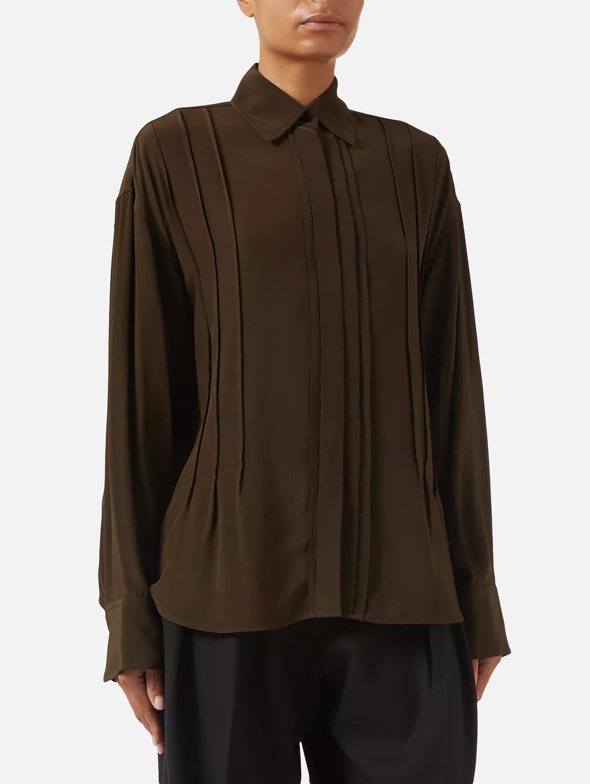 Pin-Tuck Silk Detail Blouse in Dark Olive