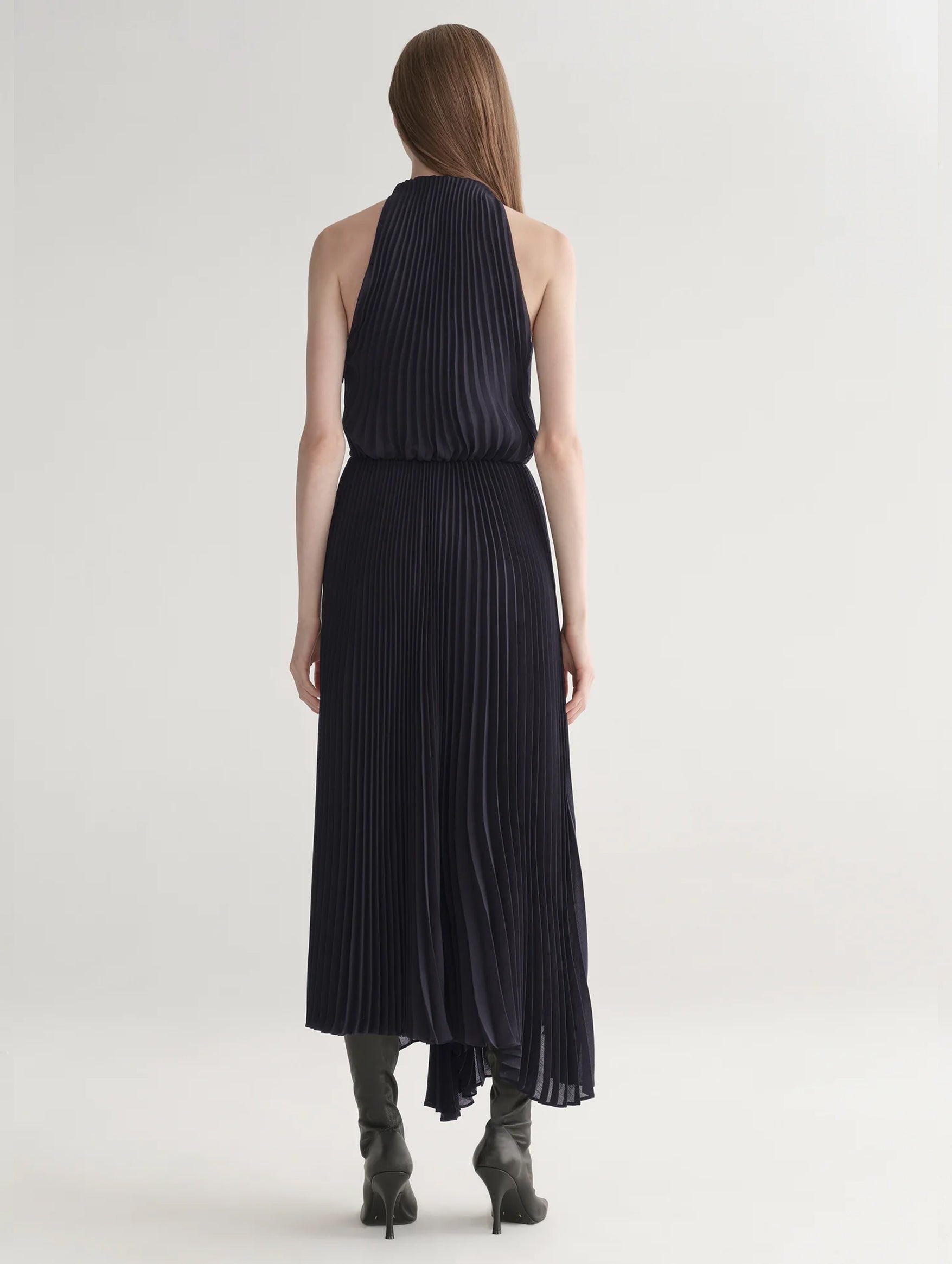 Simona Pleated Dress in Deep Navy