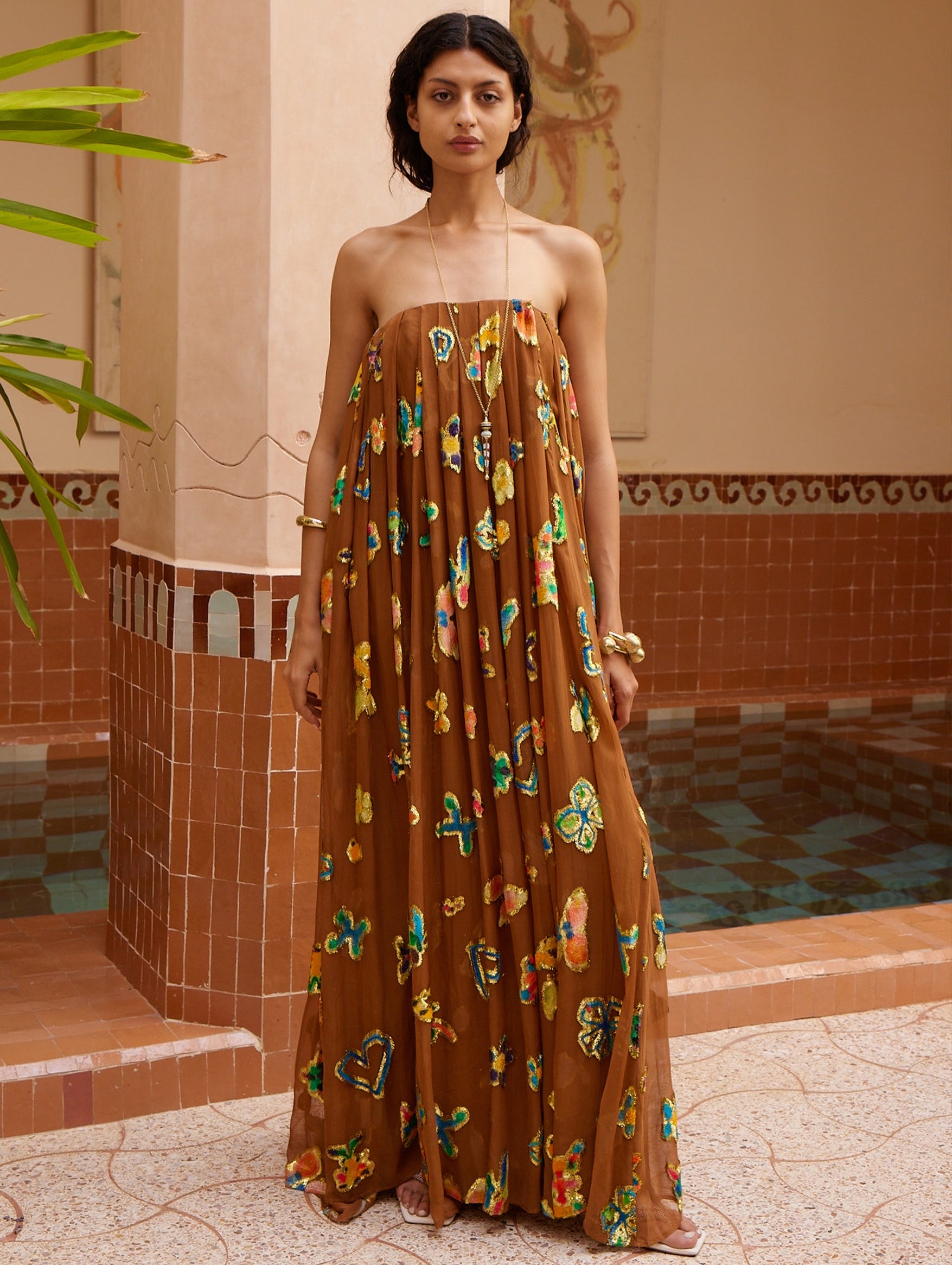 Golden Metallic Strapless Gown in Bronze