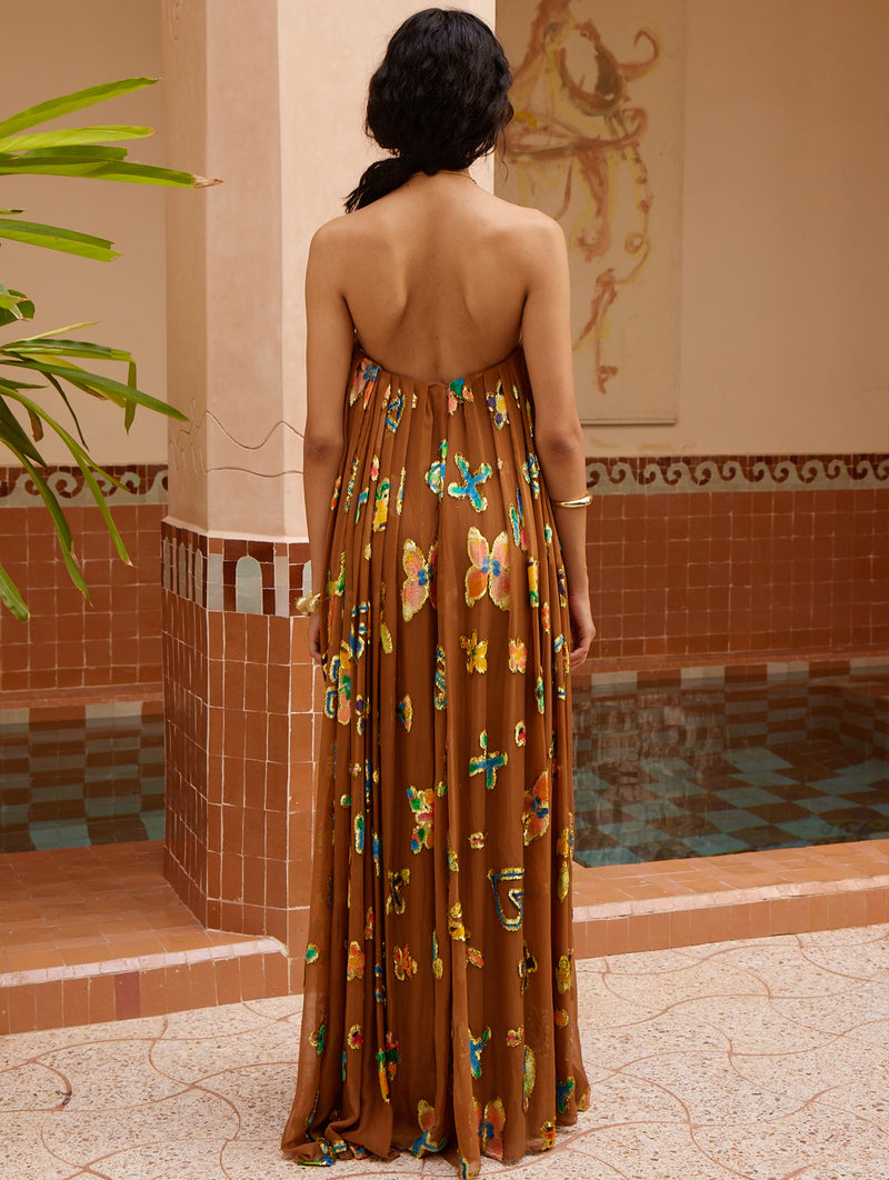 Golden Metallic Strapless Gown in Bronze